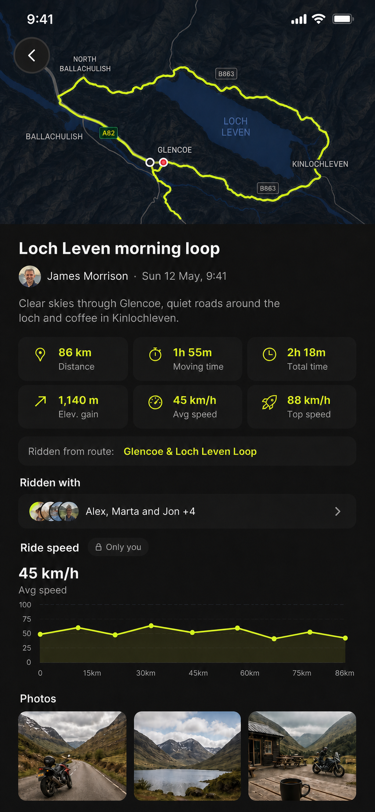 Venture summary of the Loch Leven morning loop with its mapped route and ride statistics